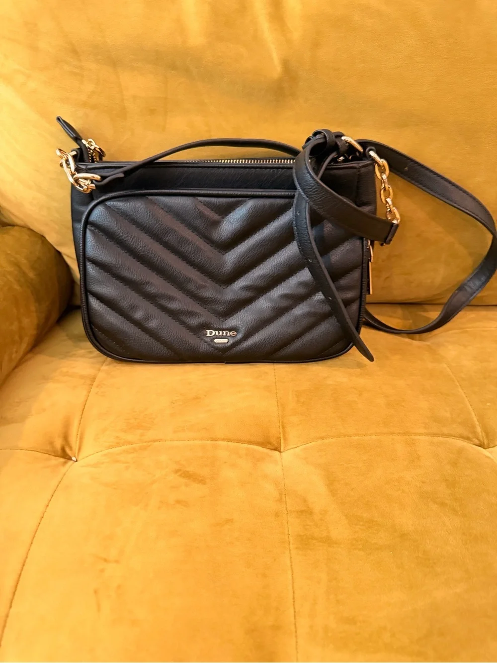 Dune London Black Quilted Chevron Crossbody with Gold Hardware